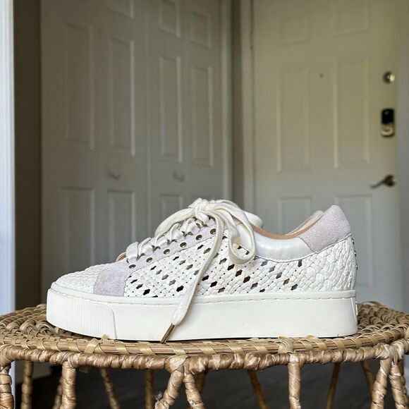 Joie Handan WHITE Woven Leather Platform Lace-Up Sneakers EU 37.5 US 7.5 - Picture 1 of 16